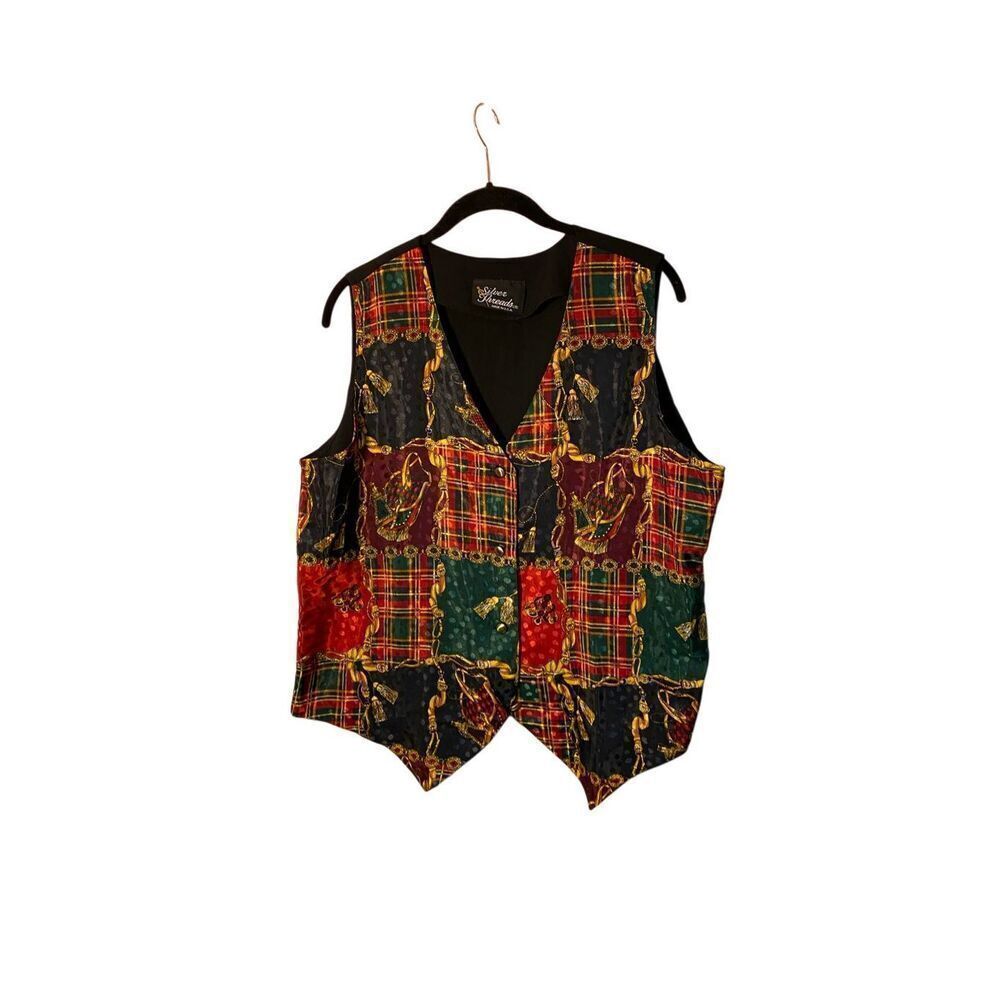 Vintage silver threads, women’s plaid, tassel, print vest, size large